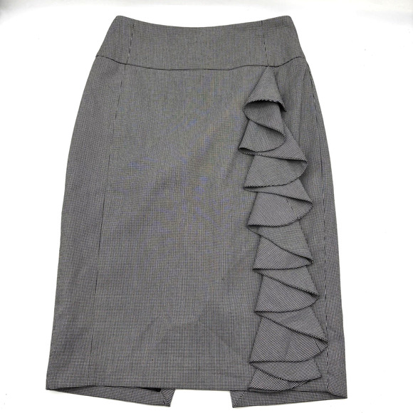 Express Black White Mini Houndstooth Ruffle Side Mid Rise Pencil Skirt 4 24x24" - Picture 1 of 10